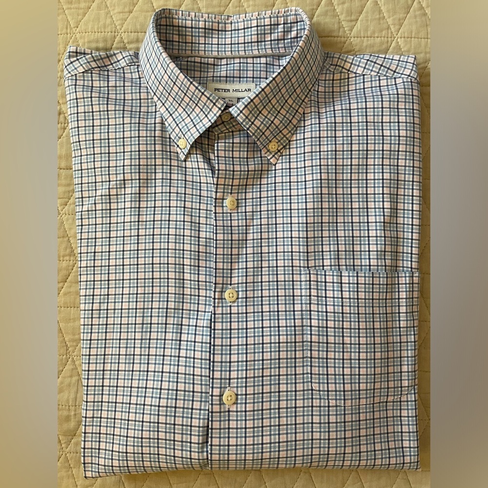 PETER‎ MILLAR Performance Check Print Button Down Sport Shirt in Blue (Multi) XL